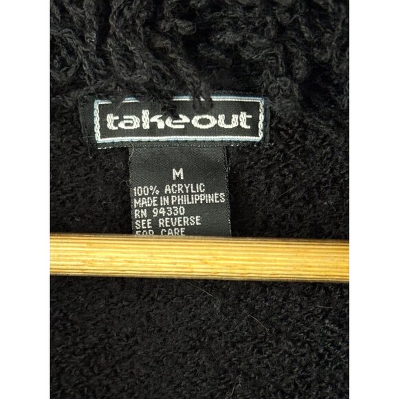 Takeout Womens Black Shaggy Fringe Cardigan Sweater M 100% Acrylic - Picture 2 of 4